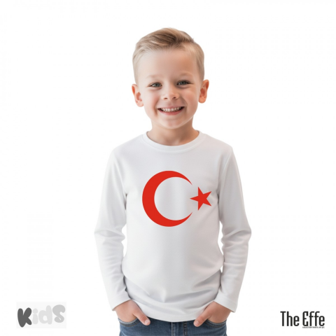 Sıfır Yaka T-shirt - Çocuk Uzun Kol - Beyaz - Türk Bayrağı Baskılı Numune