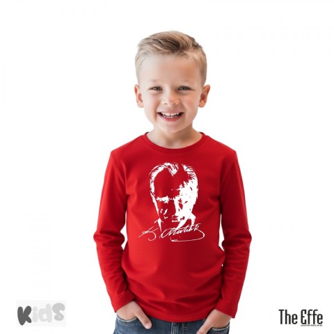 Sıfır Yaka T-shirt - Çocuk Uzun Kol - Kırmızı - Atatürk Baskılı - Numune