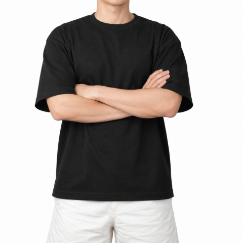 Sıfır Yaka T-shirt Siyah - Oversize - Numune