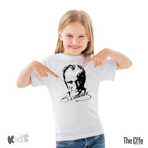Sıfır Yaka T-shirt - Toptan Çocuk Atatürk Baskılı -Beyaz