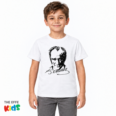 Sıfır Yaka T-shirt - Toptan Çocuk Atatürk Baskılı -Beyaz
