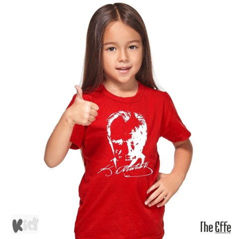 Sıfır Yaka T-shirt - Toptan Çocuk Atatürk Baskılı -Kırmızı