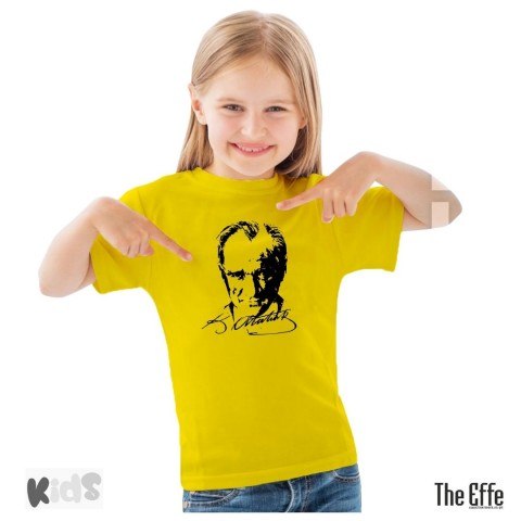 Sıfır Yaka T-shirt - Toptan Çocuk Atatürk Baskılı -Sarı