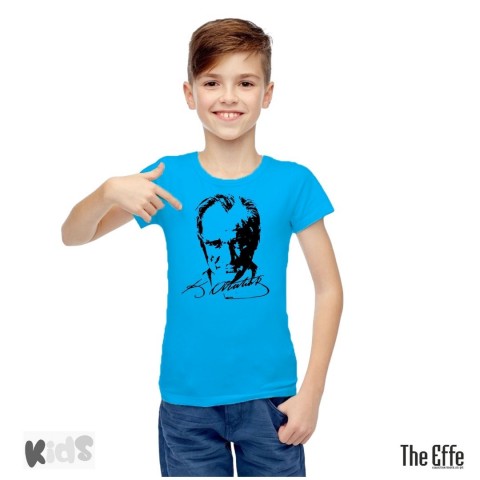 Sıfır Yaka T-shirt - Toptan Çocuk Atatürk Baskılı -Turkuaz