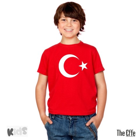 Sıfır Yaka T-shirt - Toptan Çocuk Türk Bayrağı Baskılı -Kırmızı