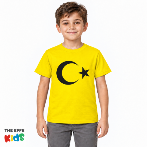 Sıfır Yaka T-shirt - Toptan Çocuk Türk Bayrağı Baskılı - Sarı