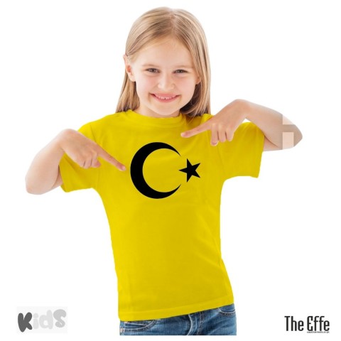 Sıfır Yaka T-shirt - Toptan Çocuk Türk Bayrağı Baskılı - Sarı