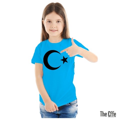 Sıfır Yaka T-shirt - Toptan Çocuk Türk Bayrağı Baskılı - Turkuaz