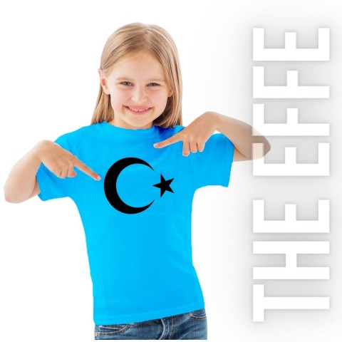 Sıfır Yaka T-shirt - Toptan Çocuk Türk Bayrağı Baskılı - Turkuaz