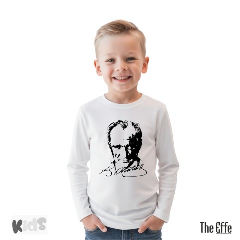 Sıfır Yaka T-shirt - Toptan Çocuk Uzun Kol - Beyaz - Sıfır Yaka T-shirt - Toptan Çocuk Uzun Kol - Kırmızı -  Atatürk Baskılı