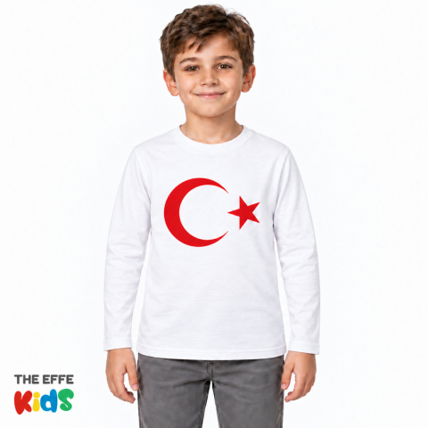 Sıfır Yaka T-shirt - Toptan Çocuk Uzun Kol - Beyaz - Türk Bayrağı Baskılı
