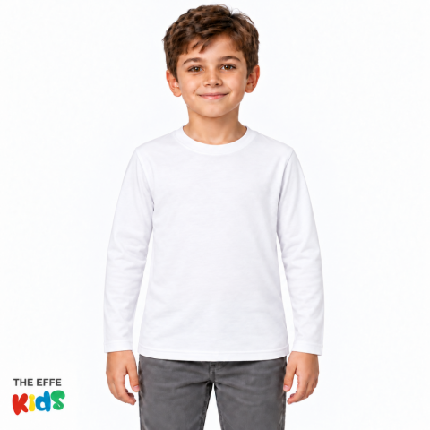 Sıfır Yaka T-shirt - Toptan Çocuk Uzun Kol - Beyaz