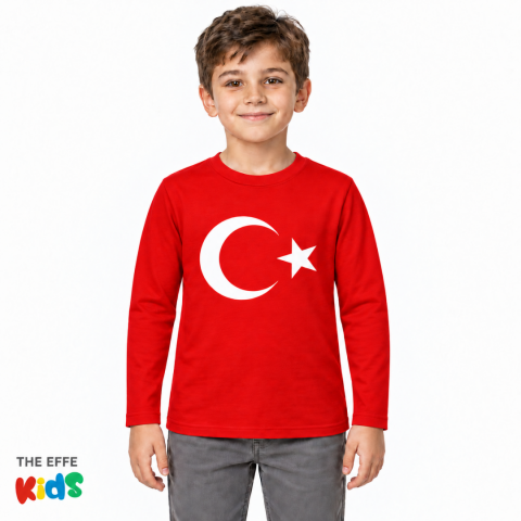 Sıfır Yaka T-shirt - Toptan Çocuk Uzun Kol - Kırmızı - Türk Bayrağı Baskılı